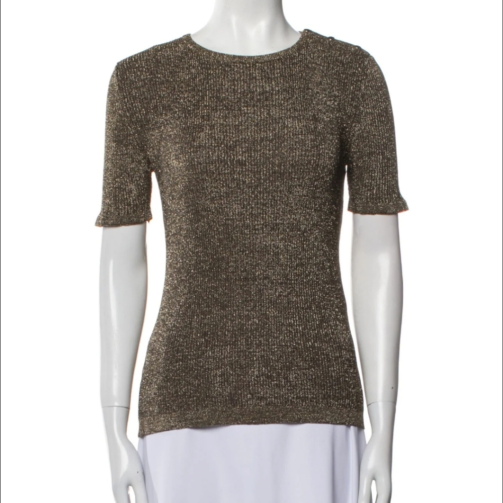 Vanessa Seward 40 Gold Metallic Knit Short Sleeve Top